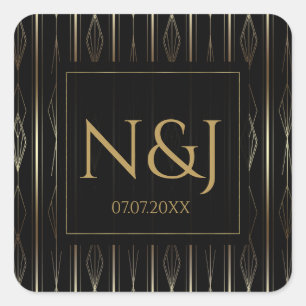 Zwart & Goud Art Deco Bruidsfeest Vierkante Sticker
