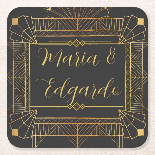  Zwart & Goud Art Deco Bruiloft Kartonnen Onderzetters (Voorkant)