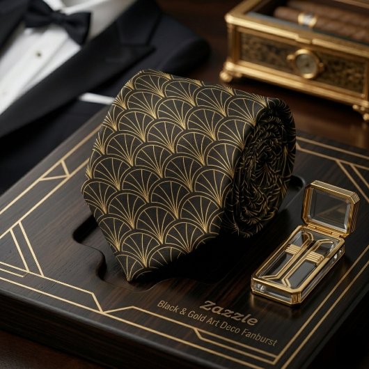 Zwart & Goud Art Deco Fanburst Stropdas