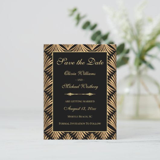 Zwart Goud Art Deco Gatsby Save The Date Briefkaart (Staand voorkant)