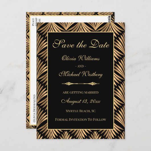 Zwart Goud Art Deco Gatsby Save The Date Briefkaart (Voorkant / Achterkant)