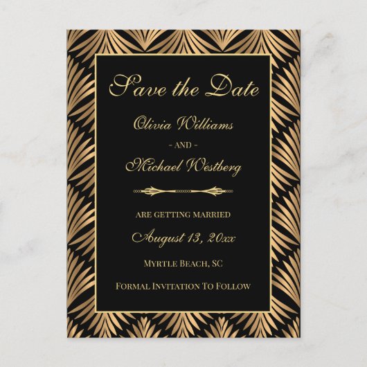 Zwart Goud Art Deco Gatsby Save The Date Briefkaart (Voorkant)