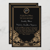 Zwart Goud Art Deco Gatsby Stijl Bruiloft Uitnodig Kaart (Voorkant / Achterkant)