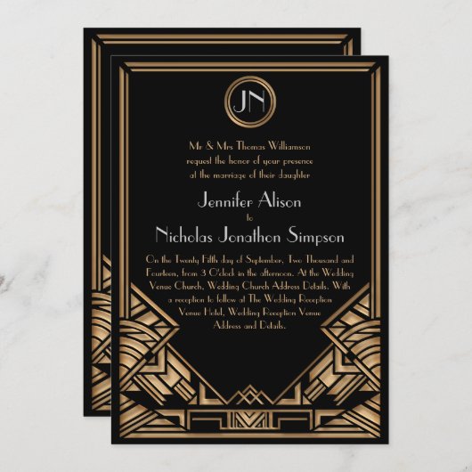 Zwart Goud Art Deco Gatsby Stijl Bruiloft Uitnodig Kaart (Voorkant / Achterkant)