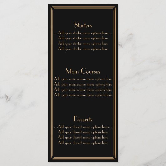 Zwart Goud Art Deco Gatsby Stijl Trouwmenu Menu (Achterkant)