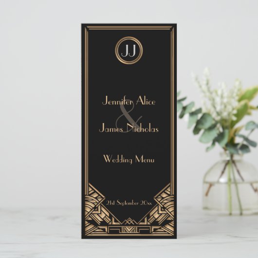 Zwart Goud Art Deco Gatsby Stijl Trouwmenu Menu (Staand voorkant)