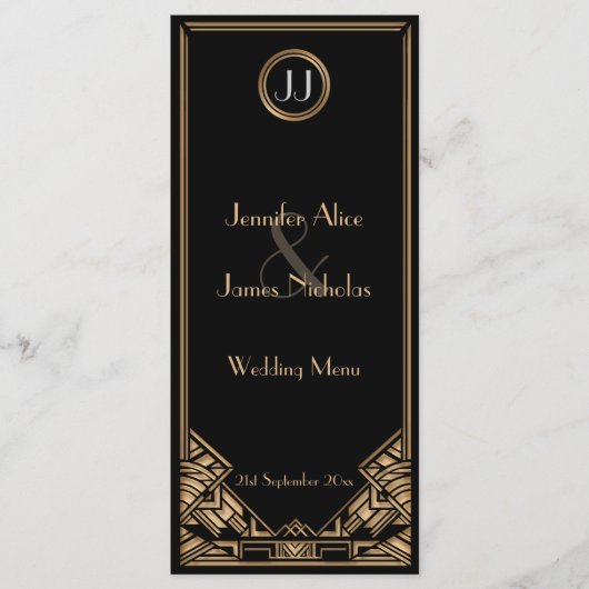 Zwart Goud Art Deco Gatsby Stijl Trouwmenu Menu (Voorkant)