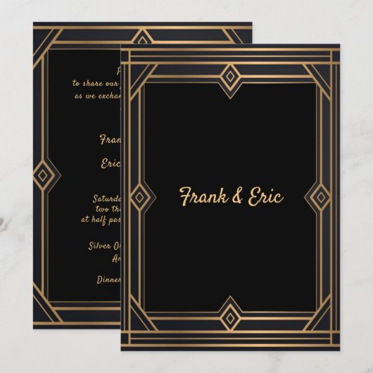 Zwart Goud Art Deco Gay/Lesbische Huwelijksuitnodi Kaart (Voorkant / Achterkant)