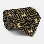 Zwart Goud Art Deco Geometrische Monogram Stropdas (Opgerold)