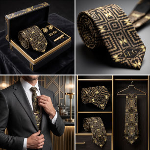 Zwart Goud Art Deco Geometrische Monogram Stropdas