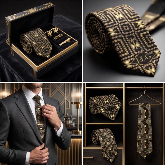 Zwart Goud Art Deco Geometrische Monogram Stropdas