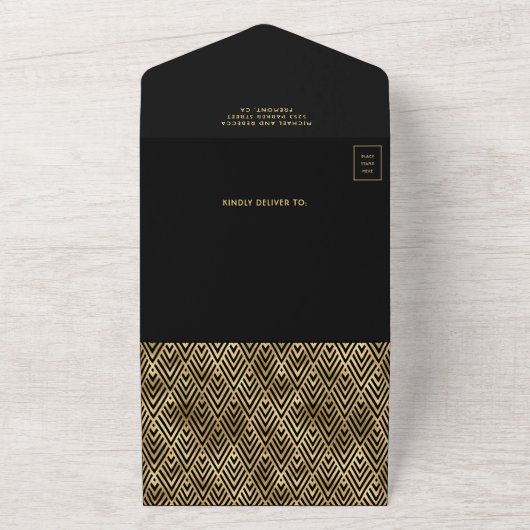 Zwart Goud Art Deco Geometrische QR Code Bruiloft All In One Uitnodiging (Buitenkant)