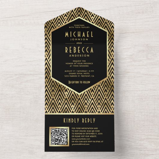 Zwart Goud Art Deco Geometrische QR Code Bruiloft All In One Uitnodiging (Binnen)