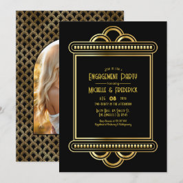 Zwart & Goud Art Deco Gouden Verlovingsfeest Foto Kaart