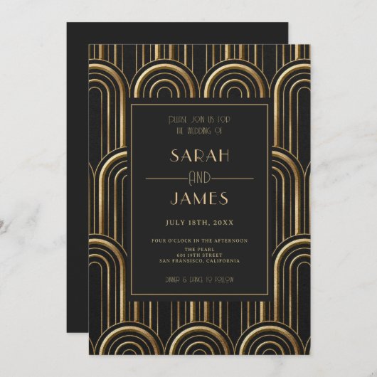 Zwart & Goud Art Deco Patroon Bruiloft Kaart (Voorkant / Achterkant)