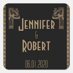 Zwart Goud Art Deco Peacock Bruiloft Envelope Seal Vierkante Sticker
