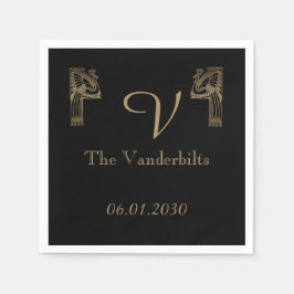 Zwart Goud Art Deco Peacock Bruiloft Servetten