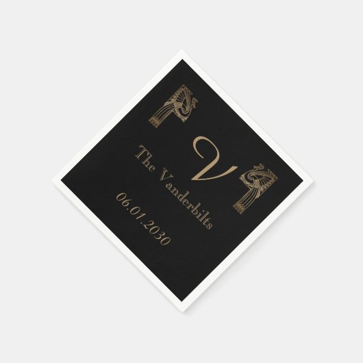 Zwart Goud Art Deco Peacock Bruiloft Servetten (Hoek)