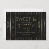 Zwart & Goud Art Deco Sweet 16 Verjaardagsfeest Kaart (Voorkant)