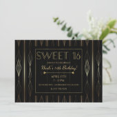 Zwart & Goud Art Deco Sweet 16 Verjaardagsfeest Kaart (Staand voorkant)