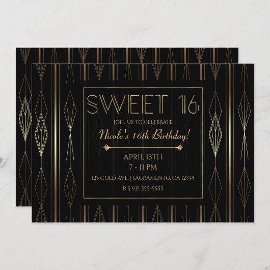 Zwart & Goud Art Deco Sweet 16 Verjaardagsfeest Kaart (Voorkant / Achterkant)