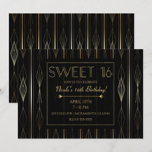 Zwart & Goud Art Deco Sweet 16 Verjaardagsfeestje Kaart