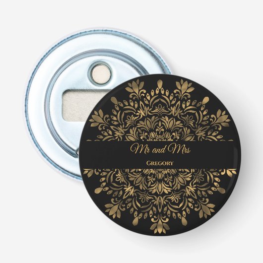 Zwart goud art deco traditionele luxe mandala button flesopener (Voorkant)