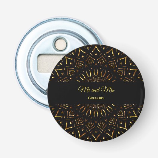 Zwart goud art deco traditionele luxe mandala button flesopener (Voorkant)