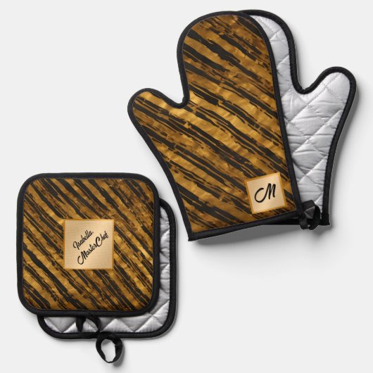 Zwart Goud Art Deco Trendy Collectie Ovenwant & Pannenlap Set (Voorkant / Achterkant)