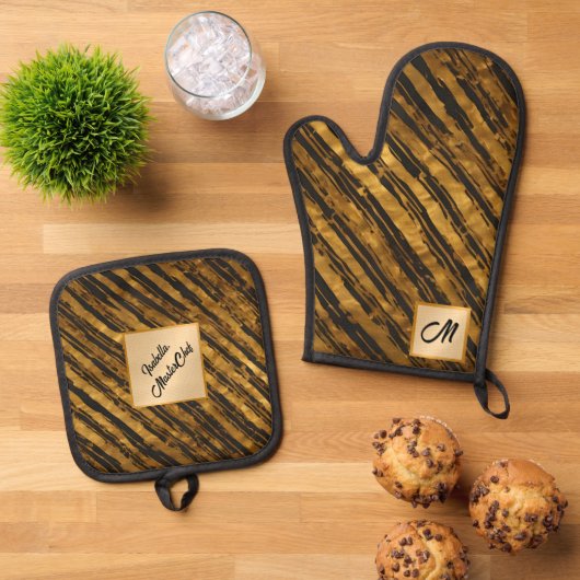 Zwart Goud Art Deco Trendy Collectie Ovenwant & Pannenlap Set (Top down)