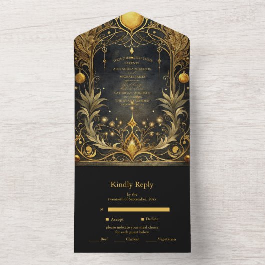 Zwart Goud Art Nouveau Huwelijk All In One Uitnodiging (Binnen)