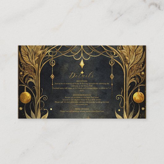 Zwart Goud Art Nouveau Huwelijk Informatiekaartje (Voorkant)