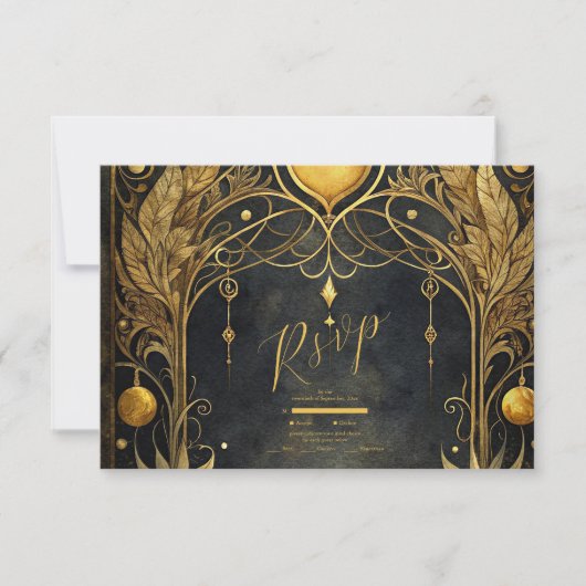Zwart Goud Art Nouveau Huwelijk RSVP Kaartje (Voorkant)