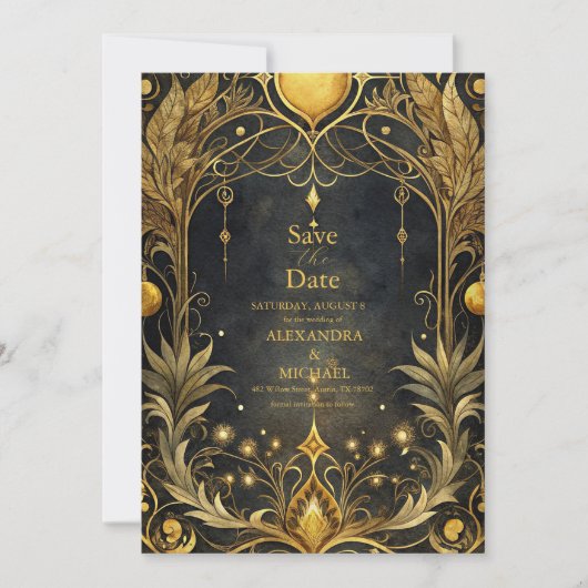 Zwart Goud Art Nouveau Huwelijk Save The Date (Voorkant)