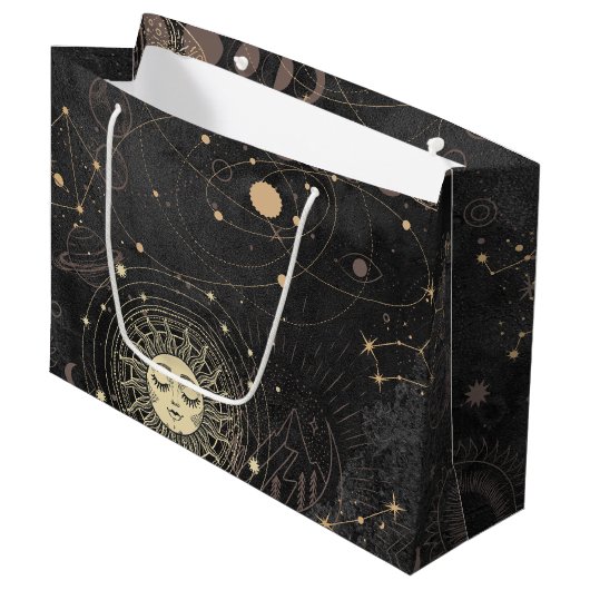 Zwart goud astrologisch patroon groot cadeauzakje (Voorkant Gekanteld)