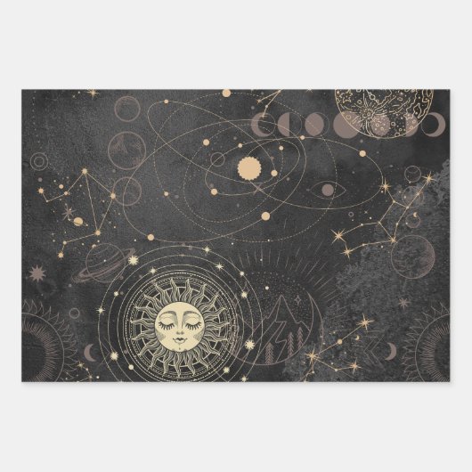 Zwart goud astrologisch patroon inpakpapier vel (Voorkant)