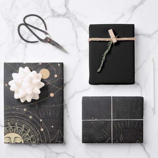 Zwart goud astrologisch patroon inpakpapier vel (Voorkant)