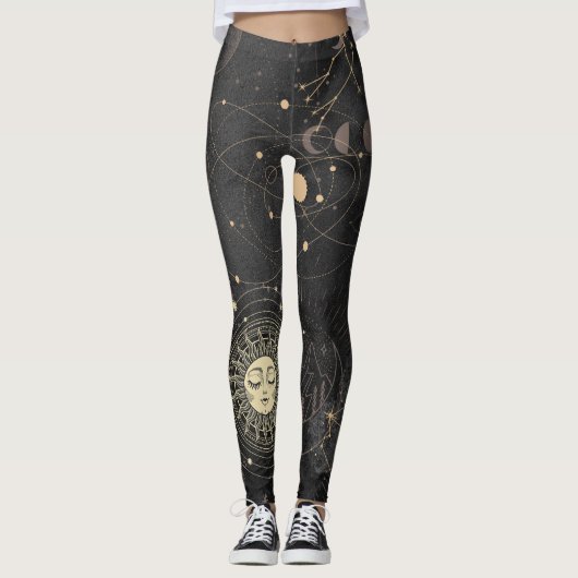 Zwart goud astrologisch patroon leggings (Voorkant)