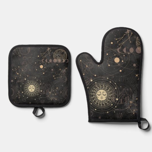 Zwart goud astrologisch patroon ovenwant & pannenlap set (Voorkant)