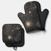 Zwart goud astrologisch patroon ovenwant & pannenlap set (Voorkant / Achterkant)