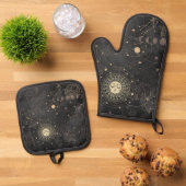 Zwart goud astrologisch patroon ovenwant & pannenlap set (Top down)