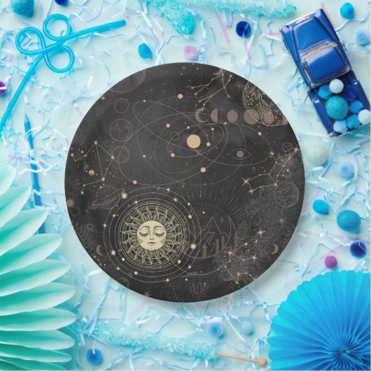 Zwart goud astrologisch patroon papieren bordje (Feest)