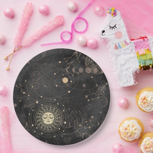Zwart goud astrologisch patroon papieren bordje (Feest)