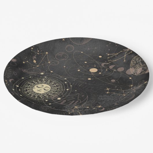 Zwart goud astrologisch patroon papieren bordje (Gekanteld)