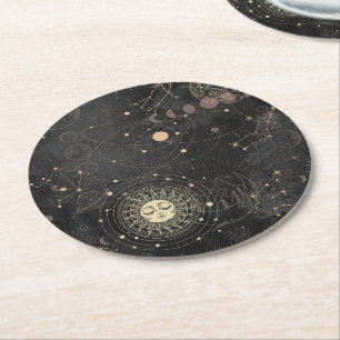 Zwart goud astrologisch patroon ronde kartonnen onderzetter