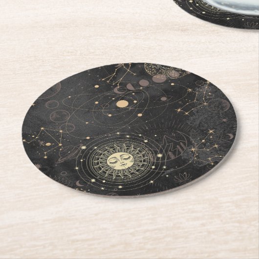 Zwart goud astrologisch patroon ronde kartonnen onderzetter (Gebogen)