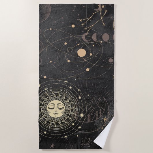 Zwart goud astrologisch patroon strandlaken (Voorkant)