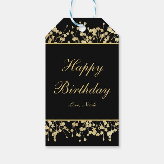 Zwart & Goud Babys Breath Floral Gift Label Cadeaulabel (Voorkant)