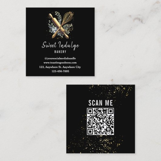 Zwart Goud Bakken Utensil Square Bakery Vierkante Visitekaartje (Voorkant / Achterkant)