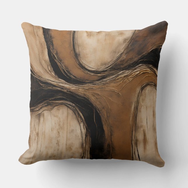Zwart Goud Beige Abstract Gemarmerd Kussen (Voorkant)